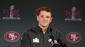 Feb 7, 2024; Las Vegas, NV, USA; San Francisco 49ers quarterback Brock Purdy (13) speaks during a press conference before Super Bowl LVIII at Hilton Lake Las Vegas Resort and Spa. Mandatory Credit: Kyle Terada-Imagn Images