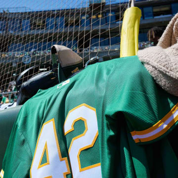 A general view of an Oakland Athletics baseball jersey uniform number 42 on Jackie Robinson Day before the game against the New York Mets at RingCentral Coliseum in 2023.