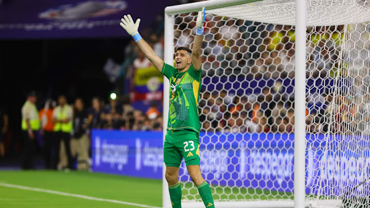 Jul 14, 2024; Miami, FL, USA; Argentina goalkeeper Emiliano Martinez (23) reacts against Colombia during the second half of the Copa America final at Hard Rock Stadium. Mandatory Credit: Sam Navarro-Imagn Images
