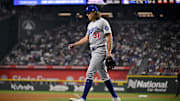 Apr 20, 2025; Arlington, Texas, USA; Los Angeles Dodgers starting pitcher Tyler Glasnow (31) comes off the field during the game between the Texas Rangers and the Los Angeles Dodgers at Globe Life Field. Mandatory Credit: Jerome Miron-Imagn Images
