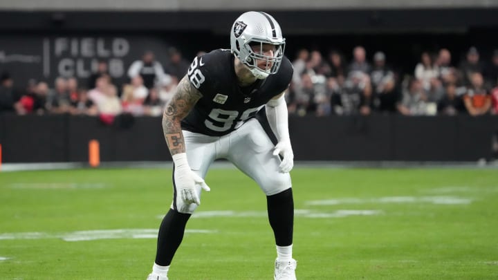 Nov 26, 2023; Paradise, Nevada, USA; Las Vegas Raiders defensive end Maxx Crosby (98) looks on in the first half against the Kansas City Chiefs at Allegiant Stadium. Mandatory Credit: Kirby Lee-USA TODAY Sports