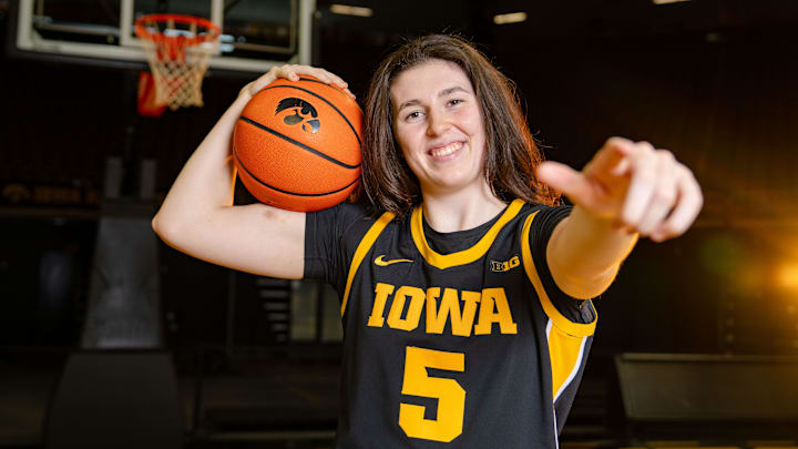 Ava Heiden stands for a photo during Iowa Women's Basketball media day at Carver Hawkeye arena in Iowa City, Oct. 14, 2025.