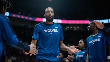 Nov 13, 2024; Portland, Oregon, USA; Minnesota Timberwolves center Rudy Gobert (27) is introduced before the game against the Portland Trail Blazers at Moda Center. Mandatory Credit: Soobum Im-Imagn Images