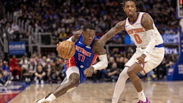 Detroit Pistons guard Dennis Schroder drives to the basket against New York Knicks guard Delon Wright during the second half at Little Caesars Arena. 