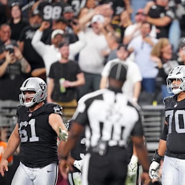 Nov 2, 2025; Paradise, Nevada, USA; Las Vegas Raiders tight end Brock Bowers (89) celebrates after a touchdown during the second half against the Jacksonville Jaguars at Allegiant Stadium. Mandatory Credit: Kirby Lee-Imagn Images
