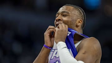 Mar 16, 2025; Minneapolis, Minnesota, USA; Utah Jazz guard Isaiah Collier (13) reacts to a foul called in the first half against the Minnesota Timberwolves at Target Center. Mandatory Credit: Jesse Johnson-Imagn Images