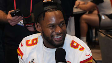 Feb 5, 2025; New Orleans, LA, USA; Kansas City Chiefs wide receiver JuJu Smith-Schuster (9) in a press conference ahead of Super Bowl LIX at New Orleans Marriott. Mandatory Credit: Kirby Lee-Imagn Images