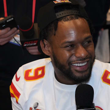 Feb 5, 2025; New Orleans, LA, USA; Kansas City Chiefs wide receiver JuJu Smith-Schuster (9) in a press conference ahead of Super Bowl LIX at New Orleans Marriott. Mandatory Credit: Kirby Lee-Imagn Images