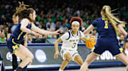 Notre Dame guard Hannah Hidalgo (3) makes a move during the second round of the NCAA Women's Basketball Tournament between Notre Dame and Michigan at Purcell Pavilion on Sunday, March 23, 2025, in South Bend.