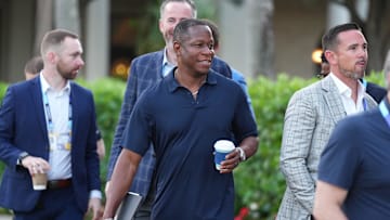 Apr 1, 2025; Palm Beach, FL, USA;  Atlanta Falcons head coach Raheem Morris attends the NFL Annual League Meeting at The Breakers. Mandatory Credit: Jim Rassol-Imagn Images