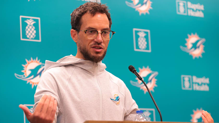Miami Dolphins head coach Mike McDaniel talks to reporters before practice during mandatory minicamp at Hard Rock Stadium.  | Sam Navarro-Imagn Images