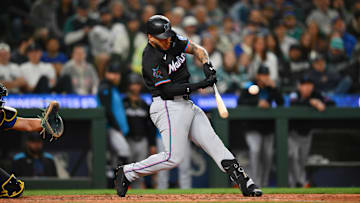 Seattle, Washington, USA; Miami Marlins designated hitter Agustin Ramirez (50) hits a 2-run home run against the Seattle Mariners during the eighth inning at T-Mobile Park.