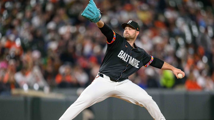 Apr 26, 2024; Baltimore, Maryland, USA; Baltimore Orioles pitcher Danny Coulombe (54) throws a pitch during the seventh inning against the Oakland Athletics at Oriole Park at Camden Yards. 