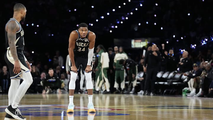 Milwaukee Bucks forward Giannis Antetokounmpo (34) looks on during the fourth quarter Milwaukee Bucks forward Giannis Antetokounmpo (34) looks on during the fourth quarter