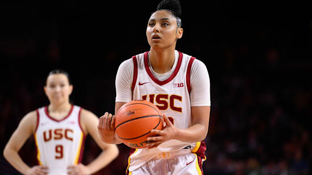 Feb 8, 2025; Los Angeles, California, USA; USC Trojans guard JuJu Watkins (12) shoots a free throw during the fourth quarter