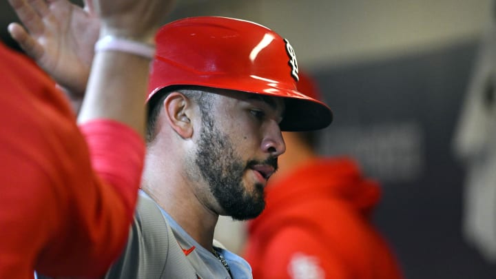 May 10, 2024; Milwaukee, Wisconsin, USA; St. Louis Cardinals catcher Iván Herrera (48) is congratulated after scoring a run against the Milwaukee Brewers in the seventh inning at American Family Field. Mandatory Credit: Michael McLoone-USA TODAY Sports