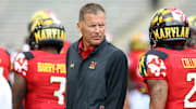 Sep 12, 2015; College Park, MD, USA; Maryland Terrapins head coach Randy Edsall watches from the sidelines against the Bowling Green Falcons at Byrd Stadium. Mandatory Credit: Mitch Stringer-Imagn Images