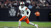 Nov 23, 2025; Paradise, Nevada, USA; Cleveland Browns quarterback Shedeur Sanders (12) runs with the ball against the Las Vegas Raiders in the second half at Allegiant Stadium. Mandatory Credit: Kirby Lee-Imagn Images