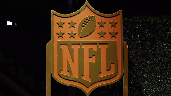 Feb 5, 2026; San Francisco, CA, USA; A NFL shield logo at the NFL Honors Red Carpet before Super Bowl LX at Palace of Fine Arts. Mandatory Credit: Kirby Lee-Imagn Images