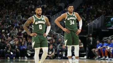 Mar 24, 2024; Milwaukee, Wisconsin, USA;  Milwaukee Bucks forward Giannis Antetokounmpo (34) and guard Damian Lillard (0) during the game against the Oklahoma City Thunder at Fiserv Forum. Mandatory Credit: Jeff Hanisch-USA TODAY Sports