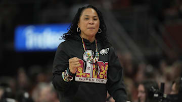 Feb 9, 2025; Austin, Texas, USA; South Carolina Gamecocks head coach Dawn Staley pumps her fist during the first half at Moody Center. Mandatory Credit: Scott Wachter-Imagn Images