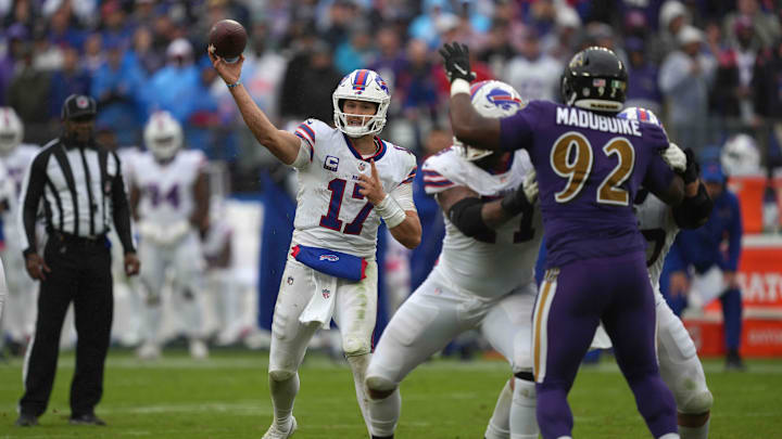 Oct 2, 2022; Baltimore, Maryland, USA; Buffalo Bills quarterback Josh Allen (17) looks to pass in the third quarter against the Baltimore Ravens at M&T Bank Stadium. Mandatory Credit: Mitch Stringer-Imagn Images Oct 2, 2022; Baltimore, Maryland, USA; Buffalo Bills quarterback Josh Allen (17) looks to pass in the third quarter against the Baltimore Ravens at M&T Bank Stadium. Mandatory Credit: Mitch Stringer-Imagn Images