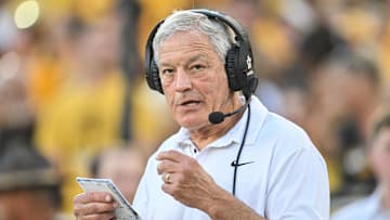 Sep 13, 2025; Iowa City, Iowa, USA; Iowa Hawkeyes head coach Kirk Ferentz looks on before the game against the Massachusetts Minutemen at Kinnick Stadium. Mandatory Credit: Jeffrey Becker-Imagn Images