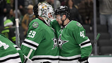 Jan 2, 2025; Dallas, Texas, USA; Dallas Stars defenseman Ilya Lyubushkin (46) hugs goaltender Jake Oettinger (29) after the Stars defeat the Ottawa Senators at the American Airlines Center. Mandatory Credit: Jerome Miron-Imagn Images