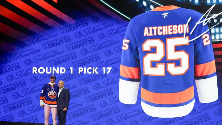 Jun 27, 2025; Los Angeles, California, USA; Kashawn Aitcheson is selected as the 17th overall pick to the New York Islanders in the first round of the 2025 NHL Draft at Peacock Theater. Mandatory Credit: Kirby Lee-Imagn Images