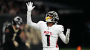 Nov 23, 2025; New Orleans, Louisiana, USA; Atlanta Falcons wide receiver Darnell Mooney (1) reacts after catching a touchdown against the New Orleans Saints during the second half at Caesars Superdome. 