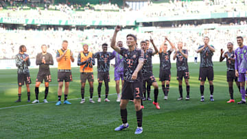 Kim Min-Jae acknowledges the traveling fans in Bremen on Saturday