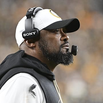 Oct 26, 2025; Pittsburgh, Pennsylvania, USA;  Pittsburgh Steelers head coach Mike Tomlin looks on during the first quarter against the Green Bay Packers at Acrisure Stadium. Mandatory Credit: Barry Reeger-Imagn Images