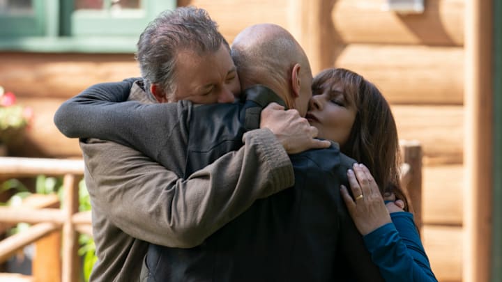 "Nepenthe" -- Episode #107 -- Pictured (l-r): Jonathan Frakes as Riker; Sir Patrick Stewart as Jean-Luc Picard; Marina Sirtis as Deanna Troi of the the CBS All Access series STAR TREK: PICARD. Photo Cr: Aaron Epstein/CBS ©2019 CBS Interactive, Inc. All Rights Reserved.