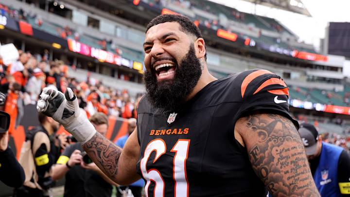 Dec 28, 2025; Cincinnati, Ohio, USA; Cincinnati Bengals guard Cody Ford (61) celebrates after a game against the Arizona Cardinals during the second half at Paycor Stadium. Mandatory Credit: Joseph Maiorana-Imagn Images