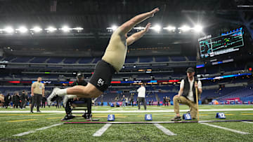 Mar 3, 2024; Indianapolis, IN, USA; Michigan offensive lineman Drake Nugent (OL54) during the 2024 NFL Combine at Lucas Oil Stadium. Mandatory Credit: Kirby Lee-Imagn Images