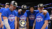 The Florida Gators celebrate after defeating the Tennessee Volunteers in the 2025 SEC Championship Game at Bridgestone Arena. 