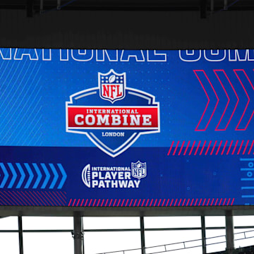Oct 12, 2021; London, United Kingdom; The 2021 NFL International Combine logo is seen on the video board at Tottenham Hotspur Stadium. Mandatory Credit: Kirby Lee-Imagn Images
