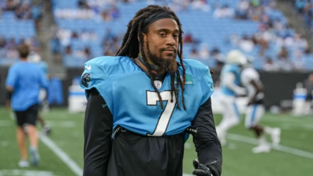 Carolina Panthers linebacker Shaq Thompson (7) during Fan Fest. Jim Dedmon-USA TODAY Sports