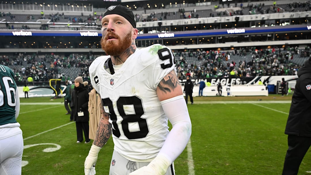 Dec 14, 2025; Philadelphia, Pennsylvania, USA; Las Vegas Raiders defensive end Maxx Crosby (98) on the field after loss to the Philadelphia Eagles at Lincoln Financial Field. Mandatory Credit: Eric Hartline-Imagn Images