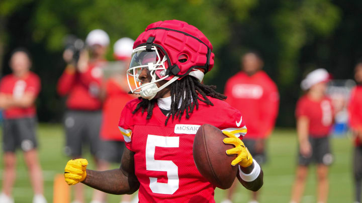 Jul 22, 2024; St. Joseph, MO, USA; Kansas City Chiefs wide receiver Marquise (Hollywood) Brown (5) celebrates after catching a pass during training camp at Missouri Western State University. Mandatory Credit: Denny Medley-USA TODAY Sports