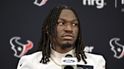 Jun 10, 2025; Houston, TX, USA; Houston Texans safety Calen Bullock speaks at a press conference after an NFL football minicamp at NRG Stadium. Mandatory Credit: Maria Lysaker-Imagn Images 