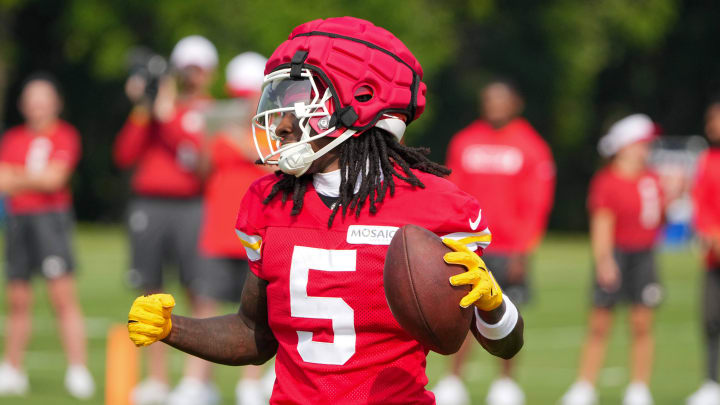 Jul 22, 2024; St. Joseph, MO, USA; Kansas City Chiefs wide receiver Marquise (Hollywood) Brown (5) celebrates after catching a pass during training camp at Missouri Western State University. Mandatory Credit: Denny Medley-USA TODAY Sports