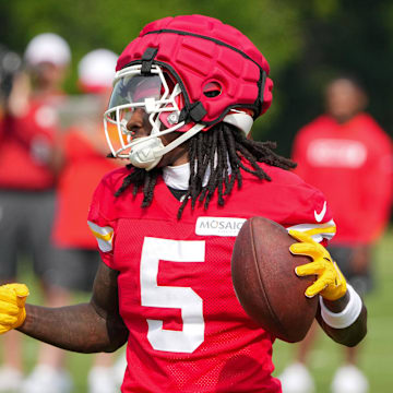 Jul 22, 2024; St. Joseph, MO, USA; Kansas City Chiefs wide receiver Marquise (Hollywood) Brown (5) celebrates after catching a pass during training camp at Missouri Western State University. Mandatory Credit: Denny Medley-Imagn Images