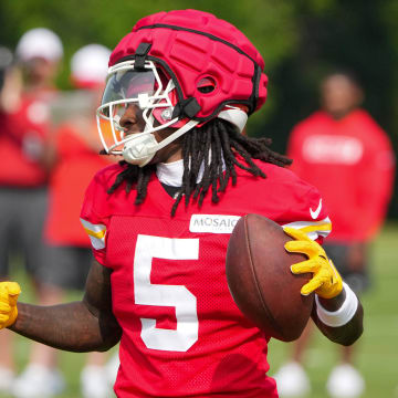 Jul 22, 2024; St. Joseph, MO, USA; Kansas City Chiefs wide receiver Marquise (Hollywood) Brown (5) celebrates after catching a pass during training camp at Missouri Western State University. Mandatory Credit: Denny Medley-USA TODAY Sports