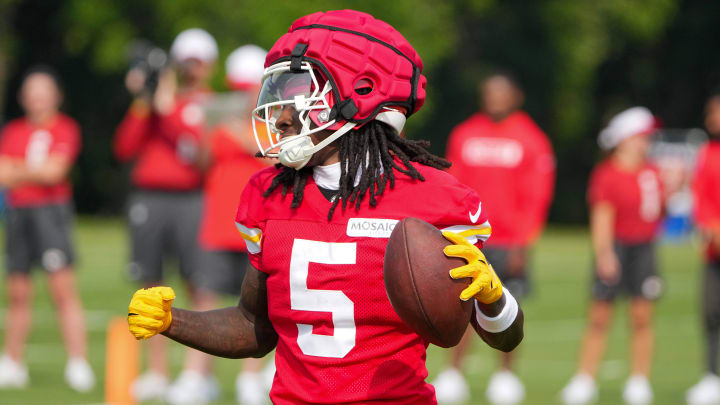 Jul 22, 2024; St. Joseph, MO, USA; Kansas City Chiefs wide receiver Marquise (Hollywood) Brown (5) celebrates after catching a pass during training camp at Missouri Western State University. Mandatory Credit: Denny Medley-USA TODAY Sports