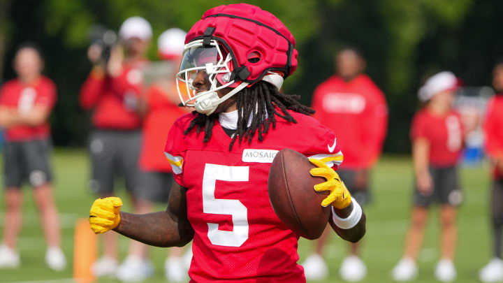 Jul 22, 2024; St. Joseph, MO, USA; Kansas City Chiefs wide receiver Marquise (Hollywood) Brown (5) celebrates after catching a pass during training camp at Missouri Western State University. Mandatory Credit: Denny Medley-USA TODAY Sports