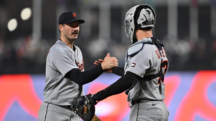 May 24, 2026; Baltimore, Maryland, USA;  Detroit Tigers pitcher Drew Anderson (38) and catcher Dillon Dingler (13) celebrate after defeating the Baltimore Orioles at Oriole Park at Camden Yards. Mandatory Credit: Jamie Sabau-Imagn Images