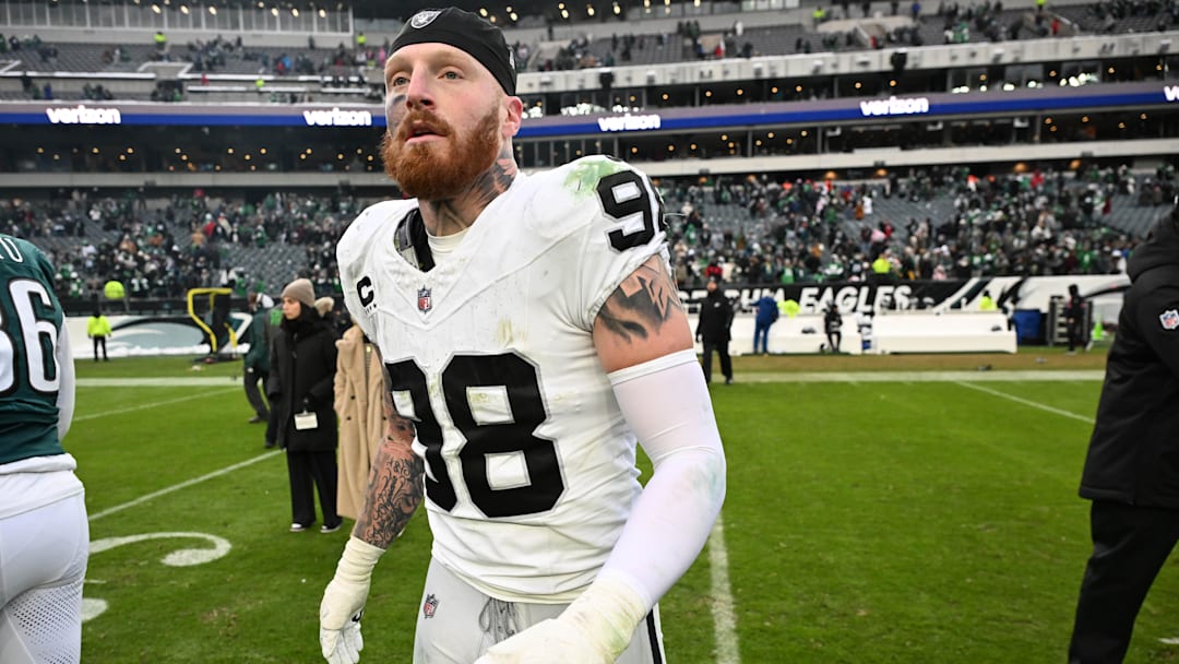 Dec 14, 2025; Philadelphia, Pennsylvania, USA; Las Vegas Raiders defensive end Maxx Crosby (98) on the field after loss to the Philadelphia Eagles at Lincoln Financial Field. Mandatory Credit: Eric Hartline-Imagn Images