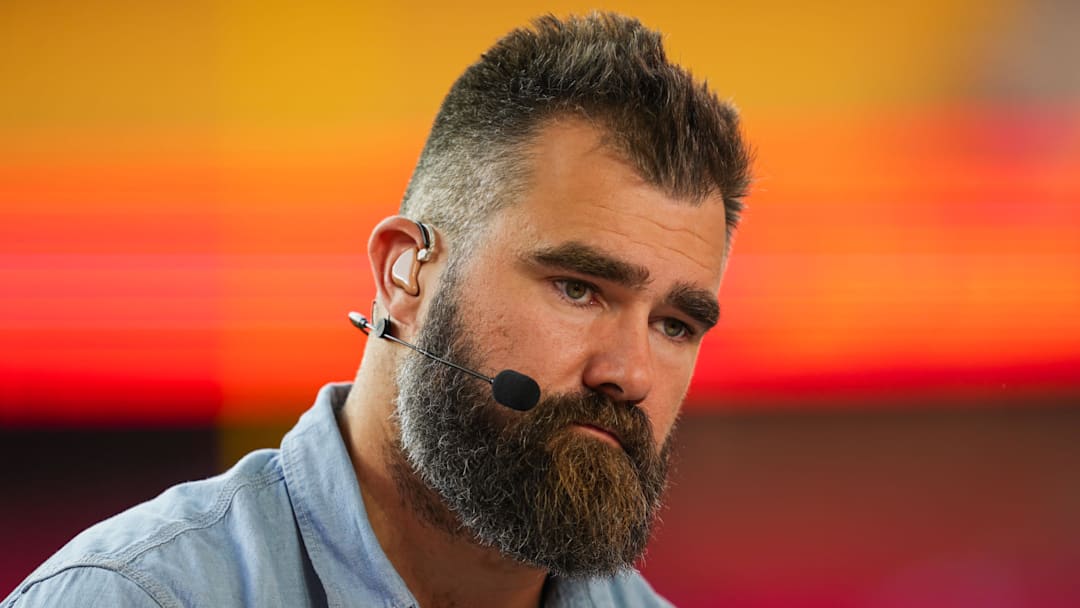 Oct 7, 2024; Kansas City, Missouri, USA; Former NFL player Jason Kelce prior to a game between the New Orleans Saints and the Kansas City Chiefs at GEHA Field at Arrowhead Stadium. Mandatory Credit: Jay Biggerstaff-Imagn Images
