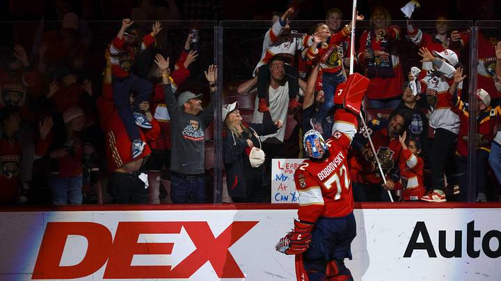 Apr 2, 2026; Sunrise, Florida, USA; Florida Panthers goaltender Sergei Bobrovsky (72) gives out a stick to a fan after the game against the Boston Bruins at Amerant Bank Arena. Mandatory Credit: Sam Navarro-Imagn Images